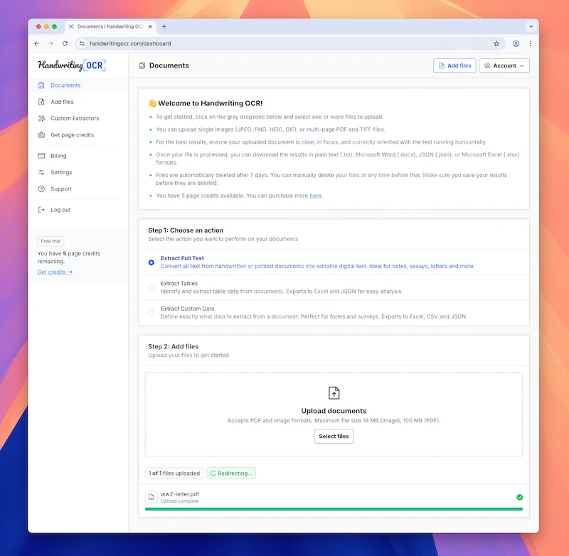 Uploading cursive documents to Handwriting OCR is easy