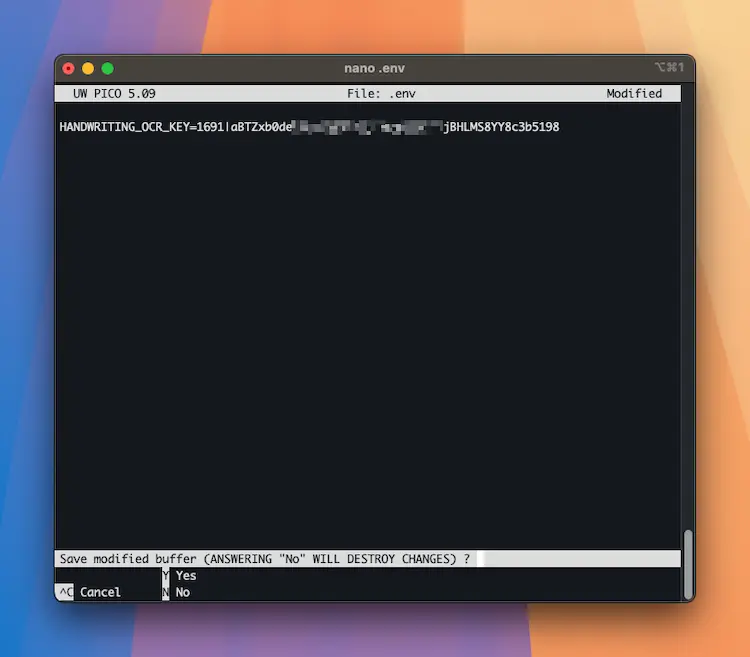 Save your Handwriting OCR API key to a .env file in your project root