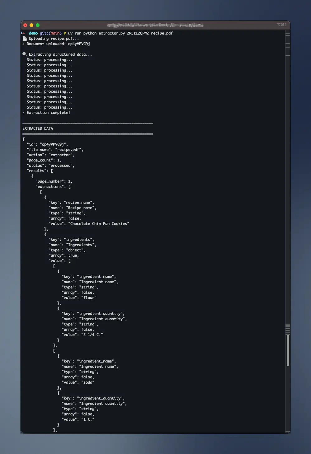 Our example extractor script will submit the file, wait for the result, and save it to disk.