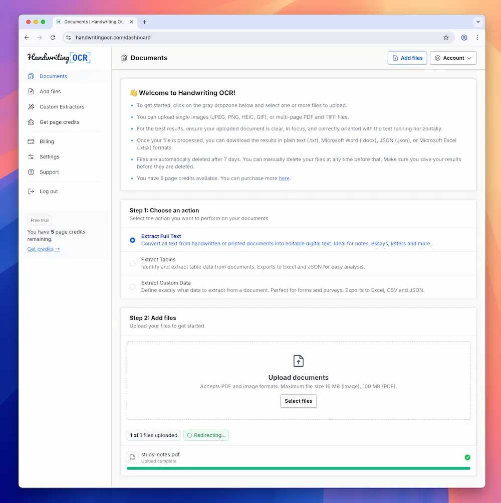 Uploading a handwritten PDF for conversion to Word
