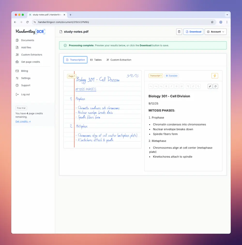 The handwritten PDF is converted to digital text in seconds, ready for export to Microsoft Word