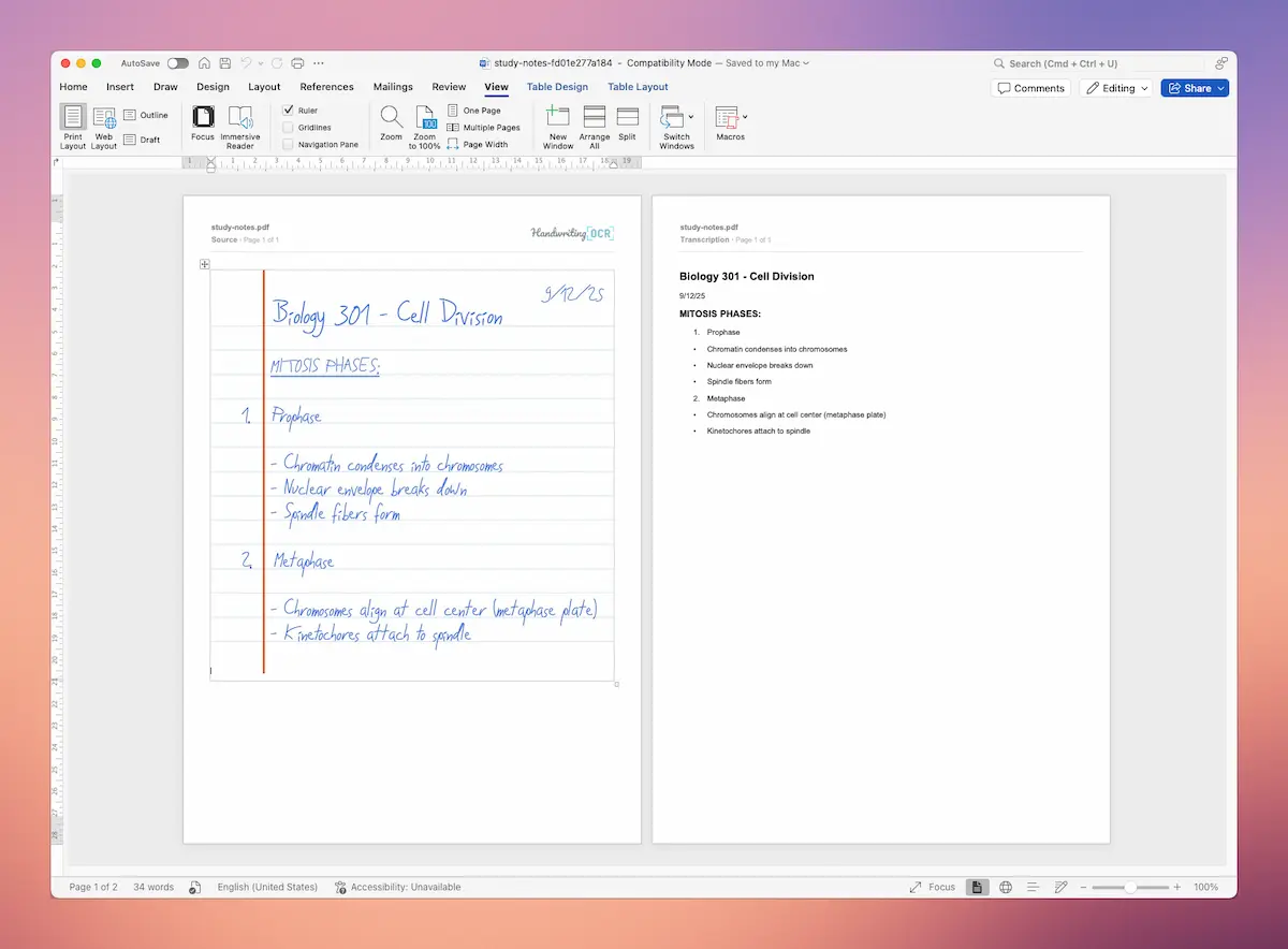 Viewing our converted handwritten PDF in Word. We are using Word's multiple pages view for easy editing