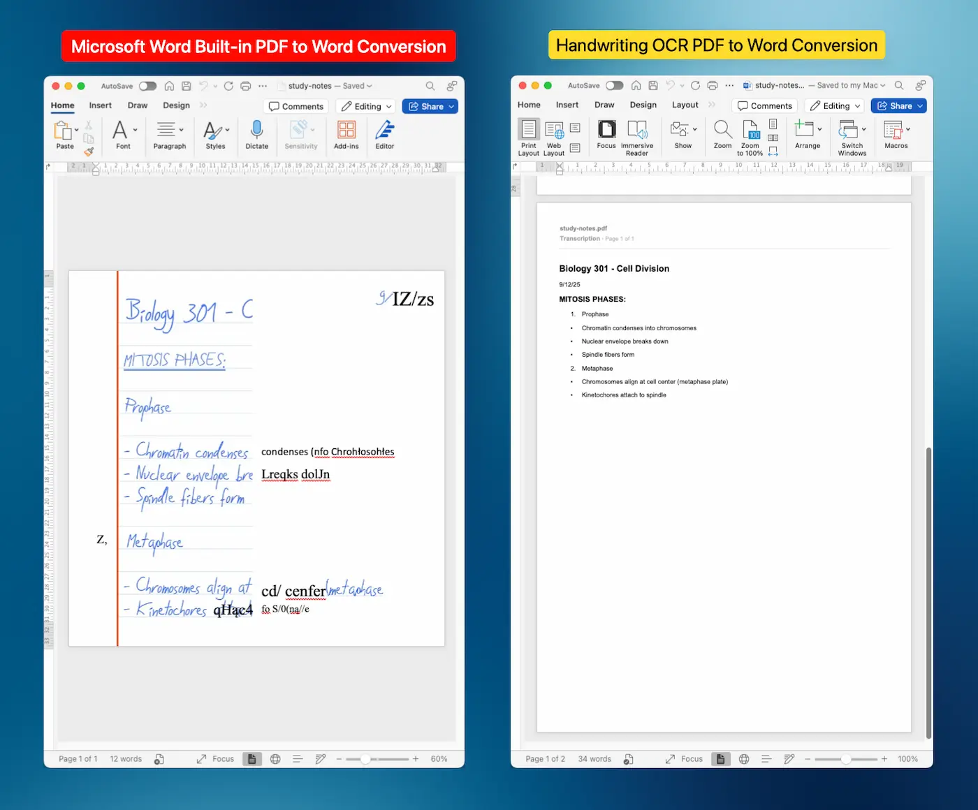 Handwriting OCR PDF to Word conversion compared to Word's built-in option