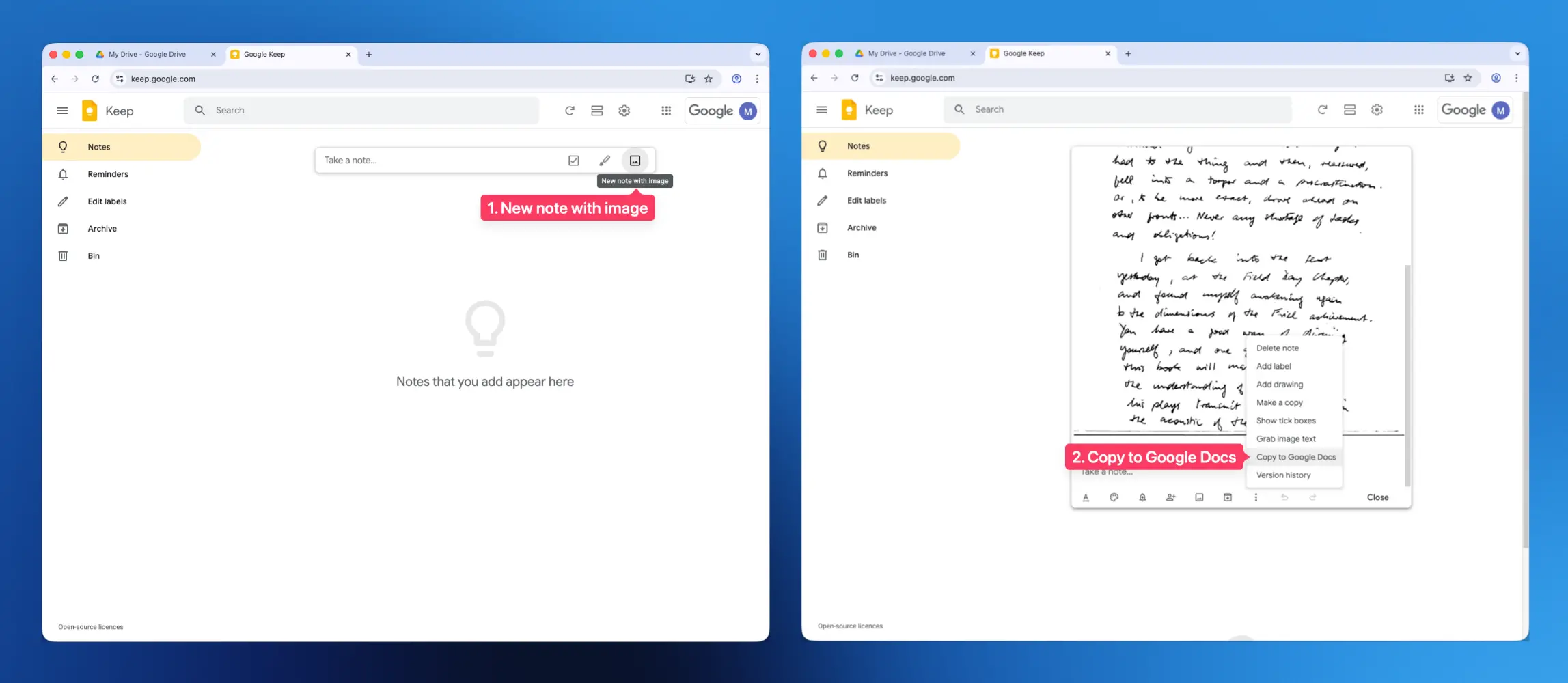 Convert a handwritten document in Google Keep