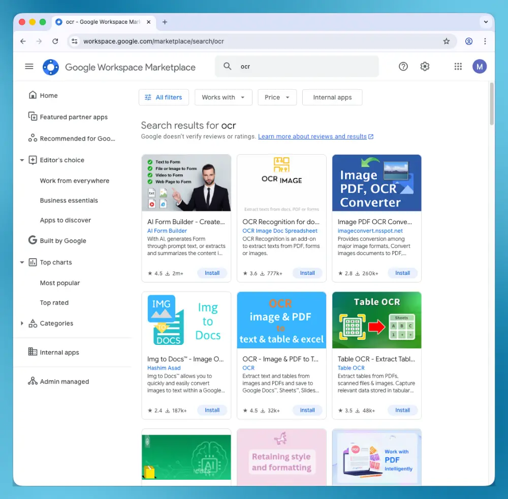 Google's Workspace Marketplace offers many OCR extensions